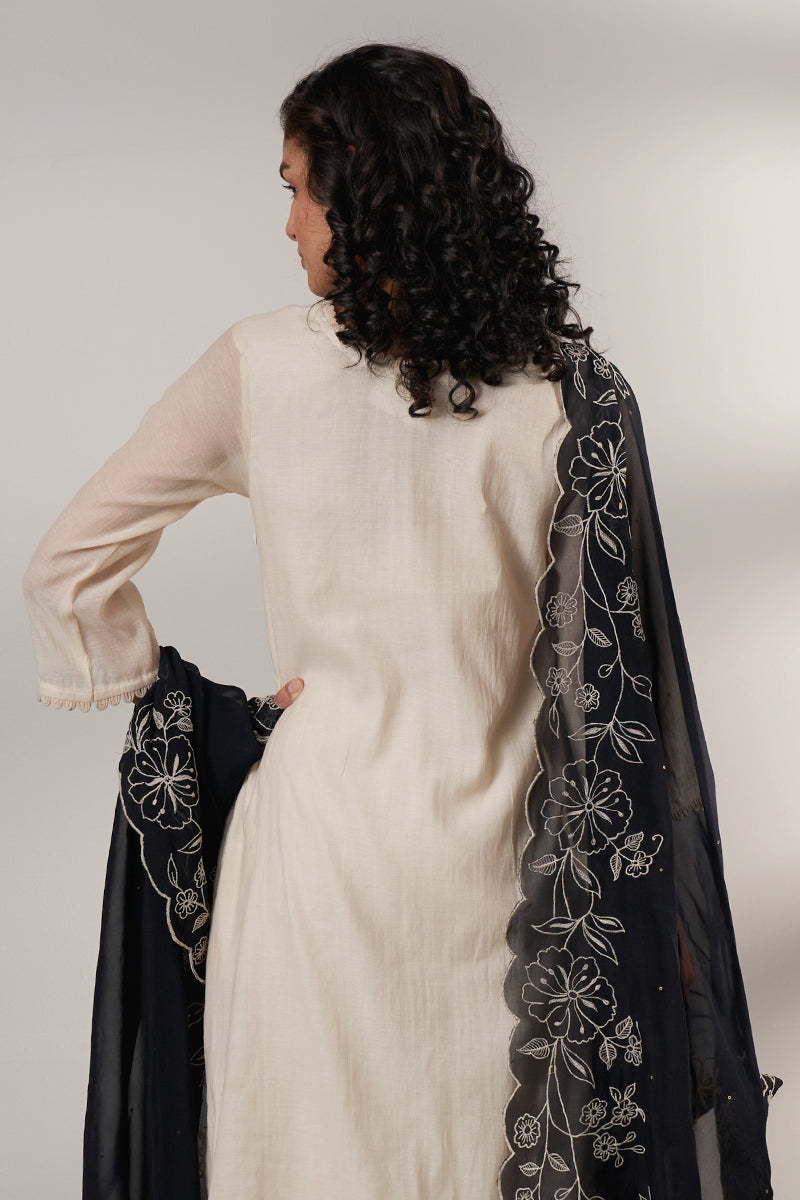 Milky White and Black Woven Chanderi Jacquard Kurta With Semi Sharara Bottom With Black Embroidered Organza Dupatta