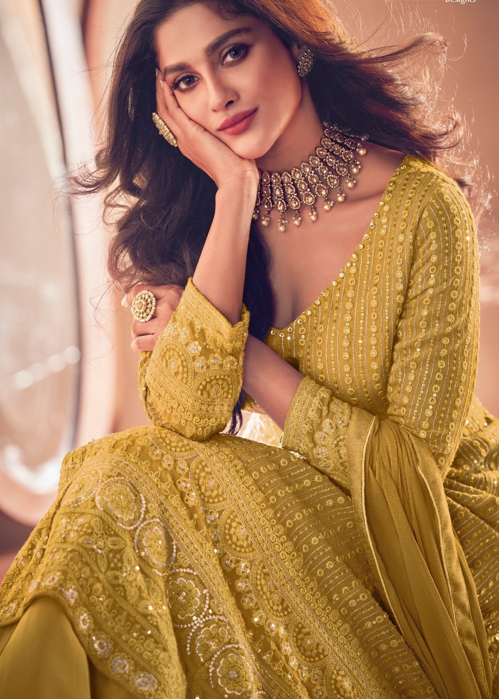 Mustard Yellow Georgette Front Slit Cut lehenga Suit with Embroidery work