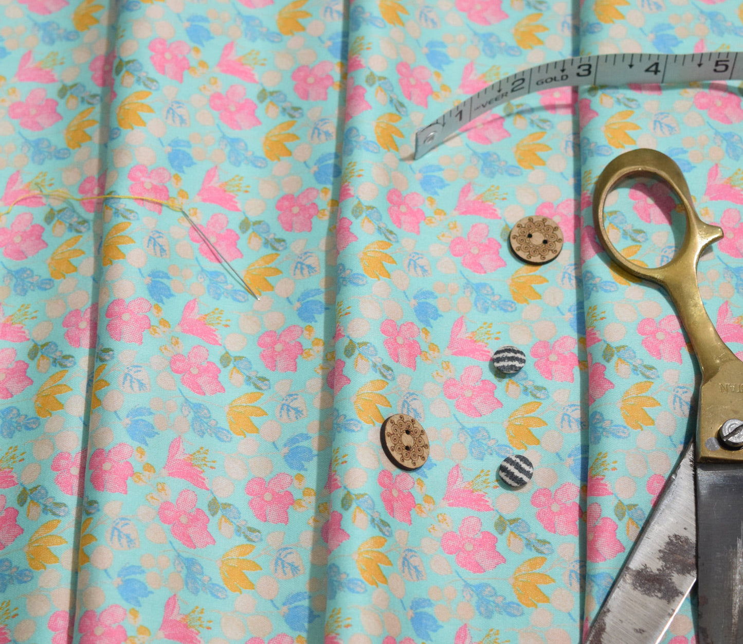 Floral Pattern Screen Printed Cotton Satin Fabric Available in Blue , Yellow, Peach and Grey