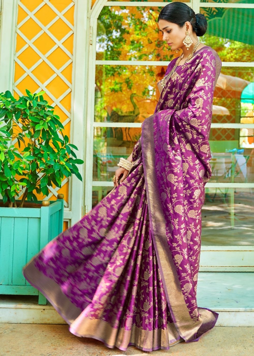 Grape Purple Woven Banarasi Brocade Silk Saree