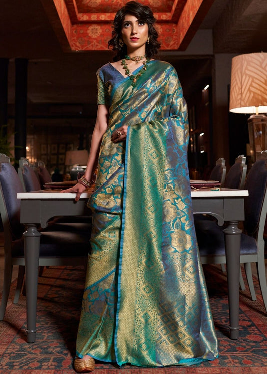 Golden and Blue Blend Kanjivaram Silk Saree