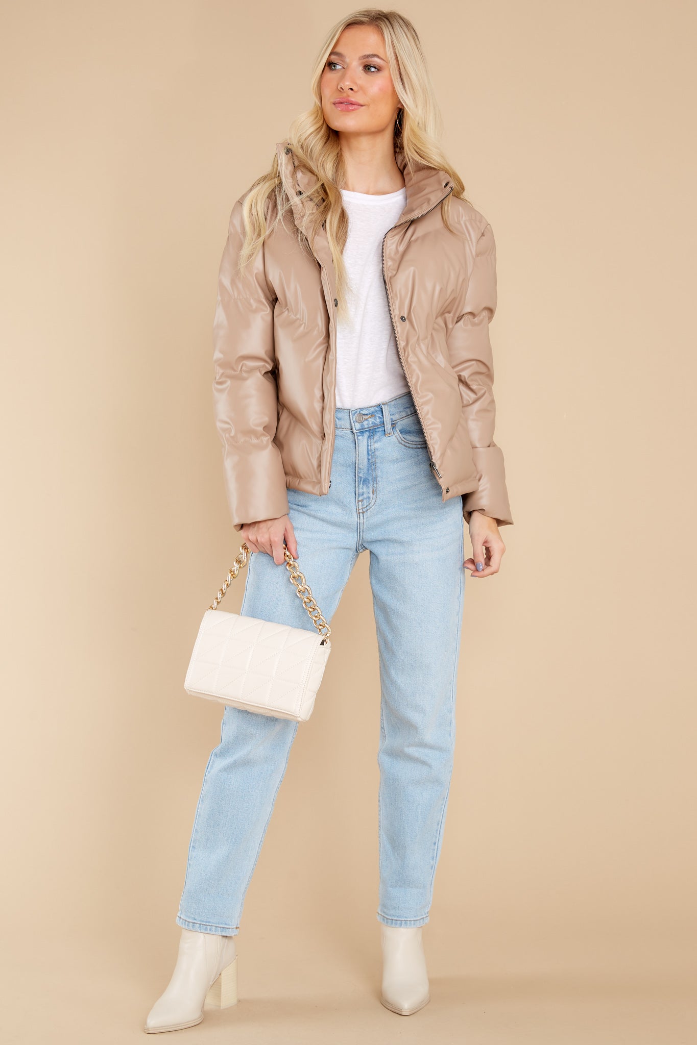 Downtown Tan Faux Leather Puffer Jacket