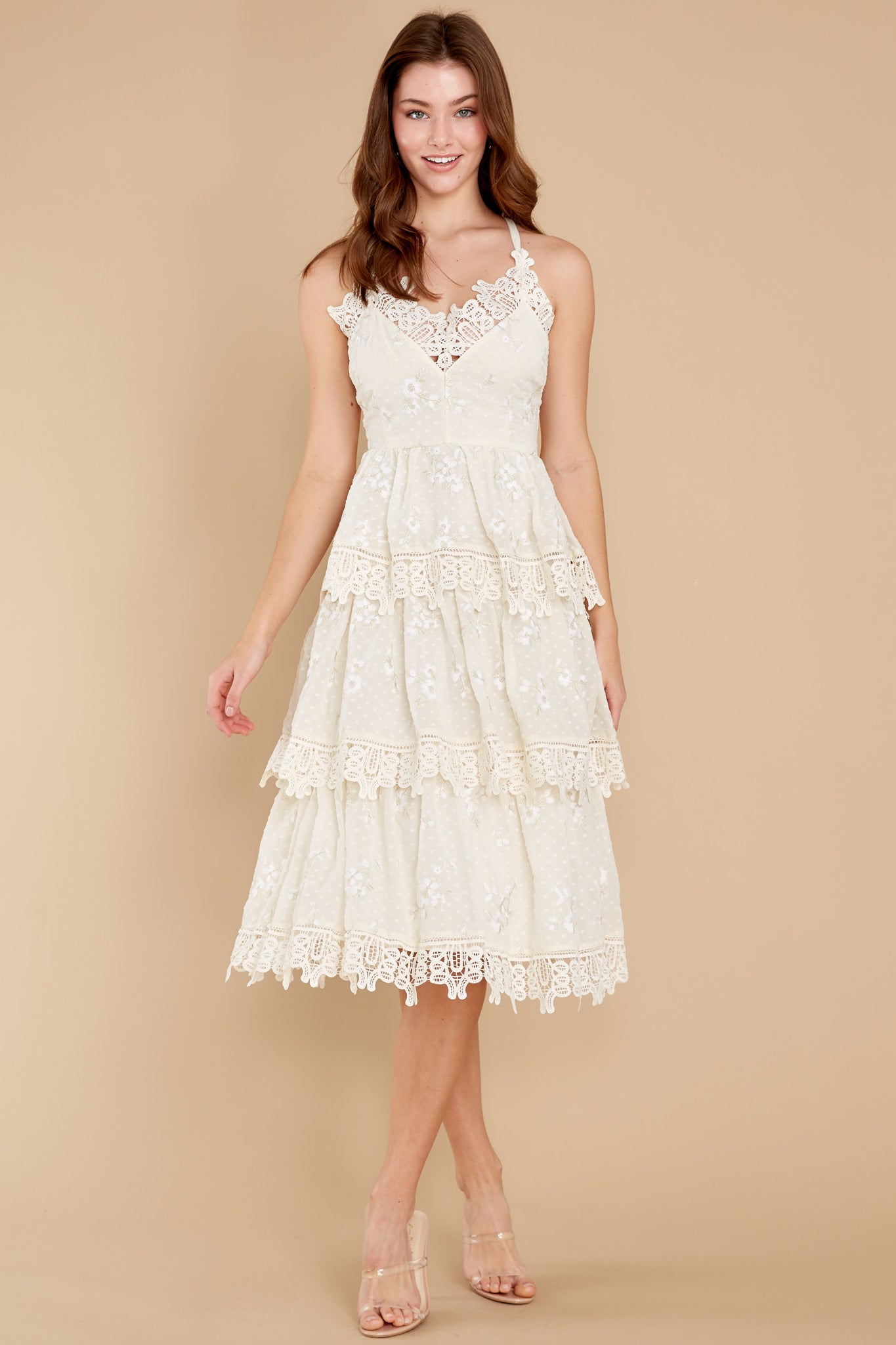 Graceful Goddess Ivory Lace Midi Dress