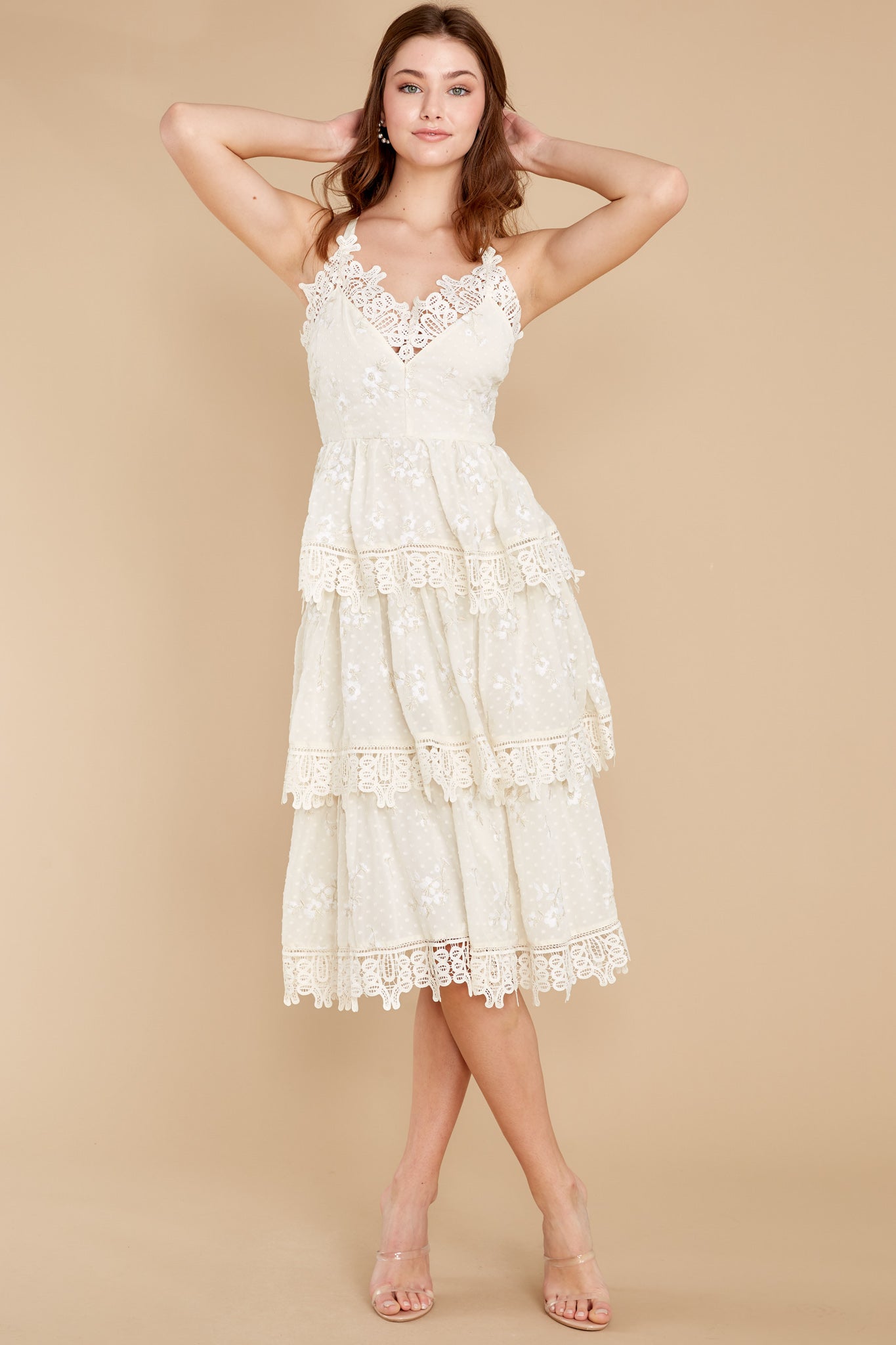 Graceful Goddess Ivory Lace Midi Dress