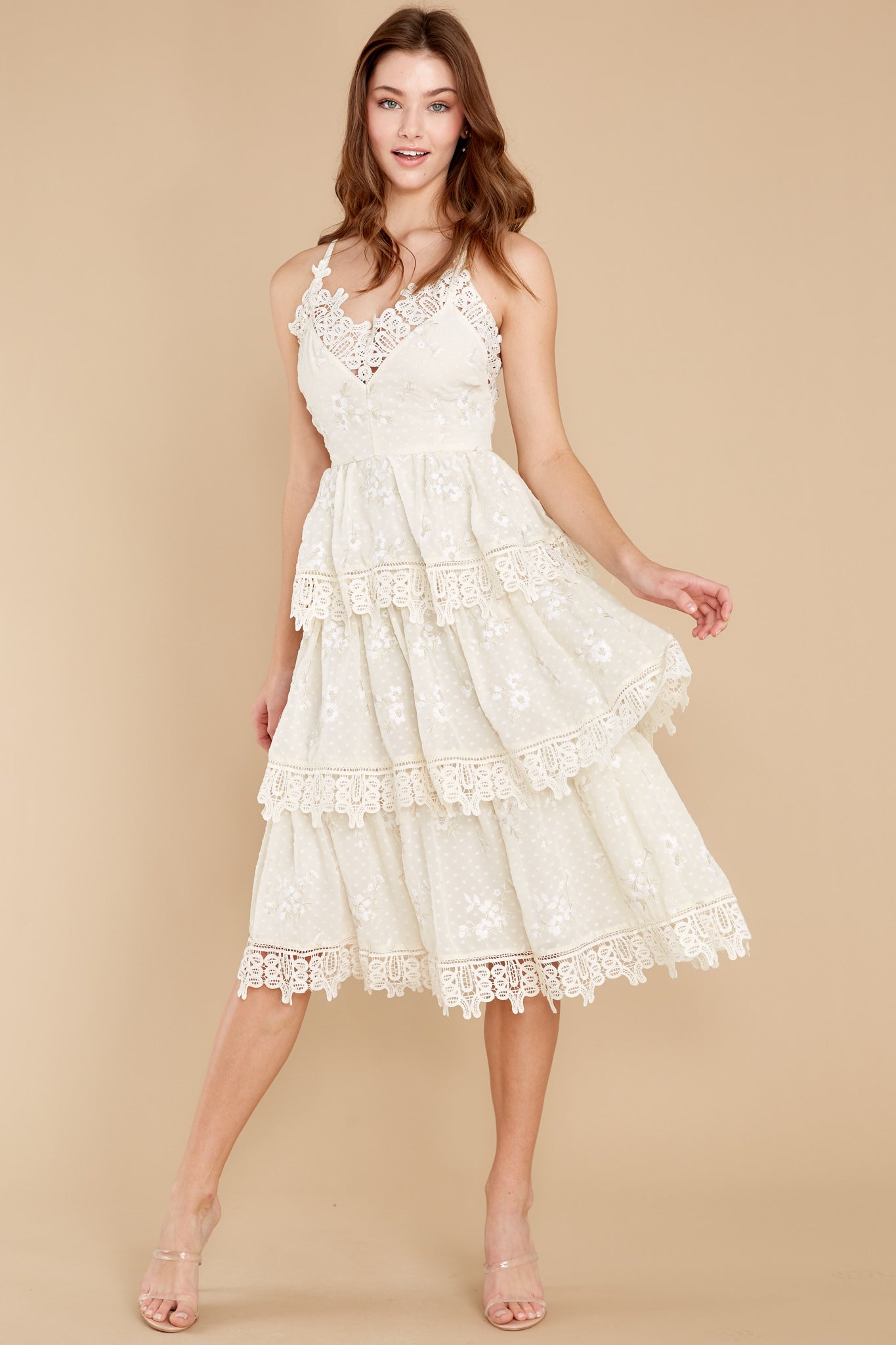 Graceful Goddess Ivory Lace Midi Dress