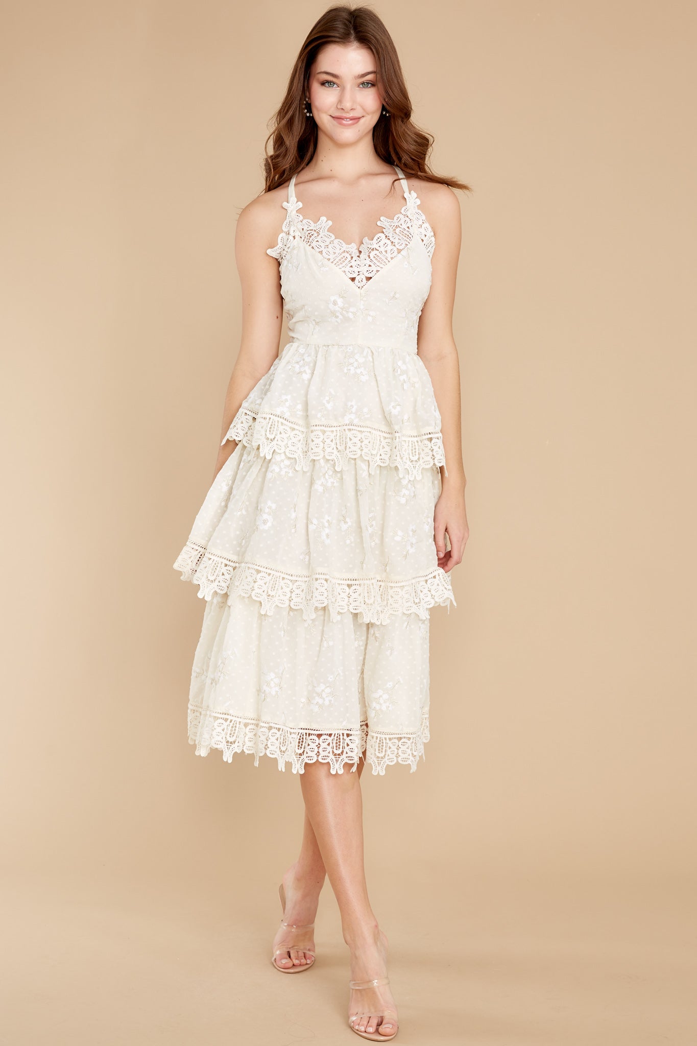 Graceful Goddess Ivory Lace Midi Dress