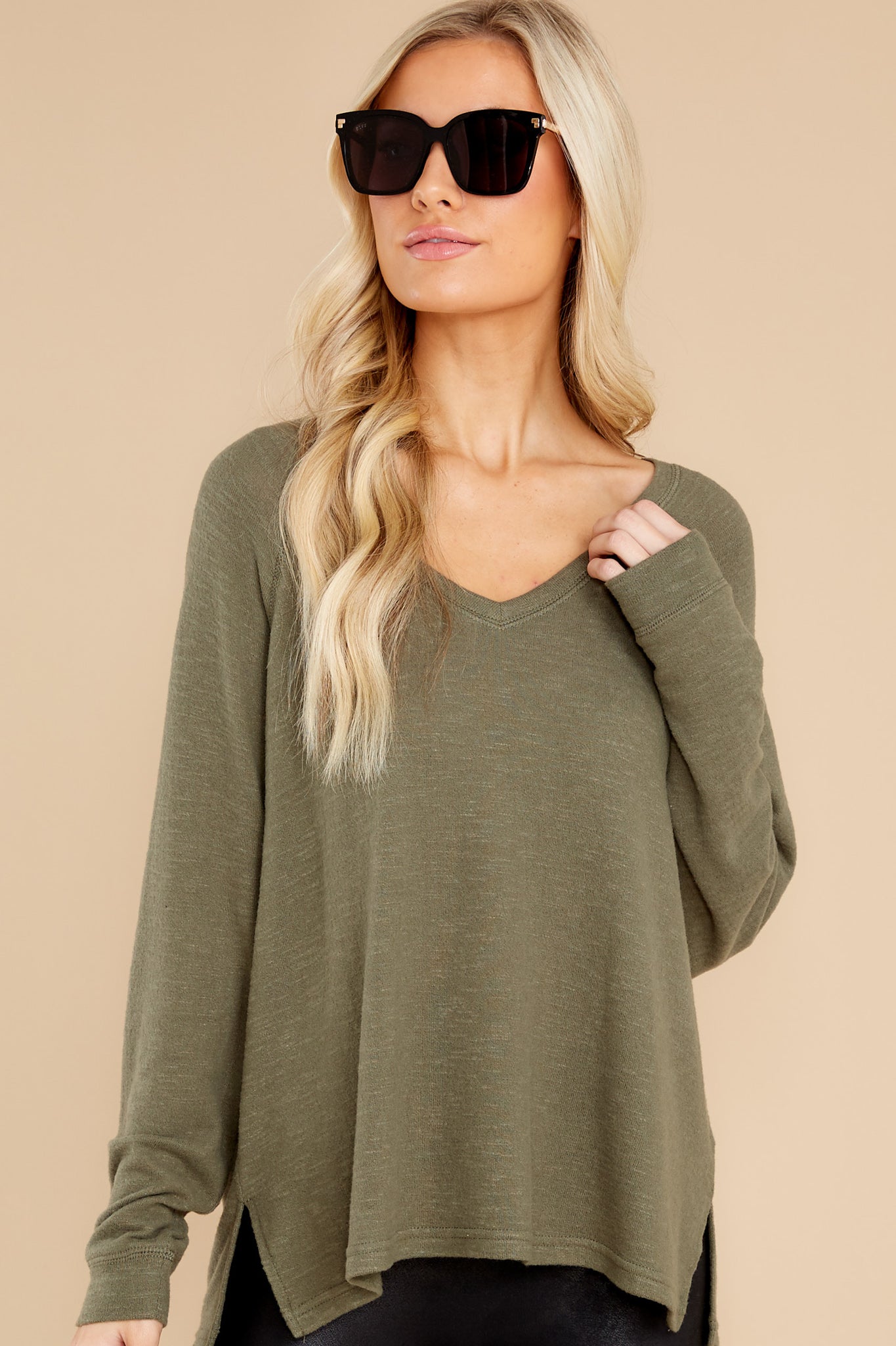 Lyndell Dusty Olive Brushed Slub Sweater Top