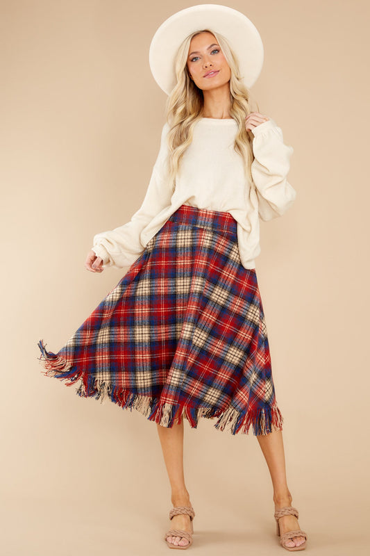 No Drama Here Red Multi Plaid Skirt