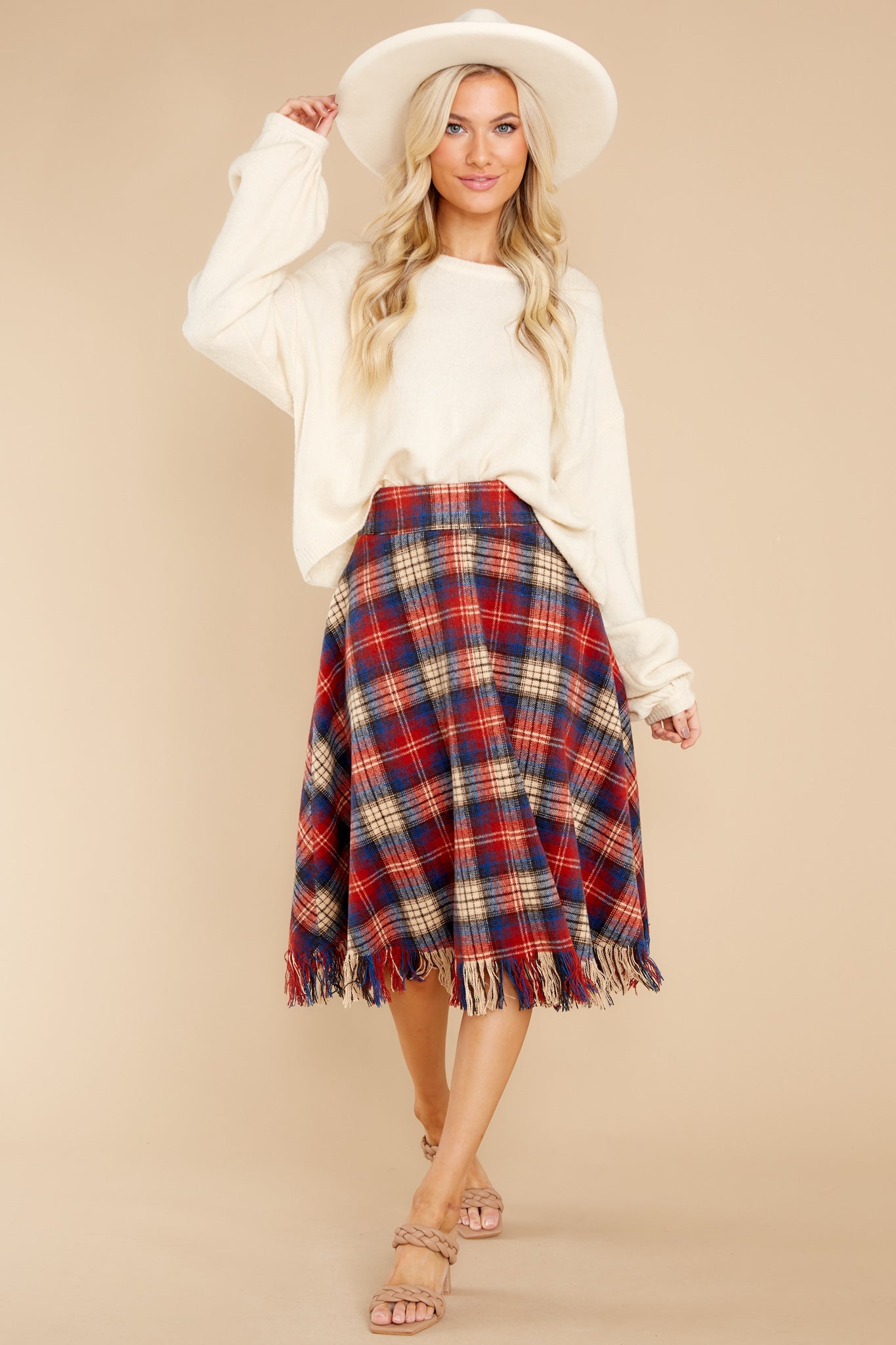 No Drama Here Red Multi Plaid Skirt