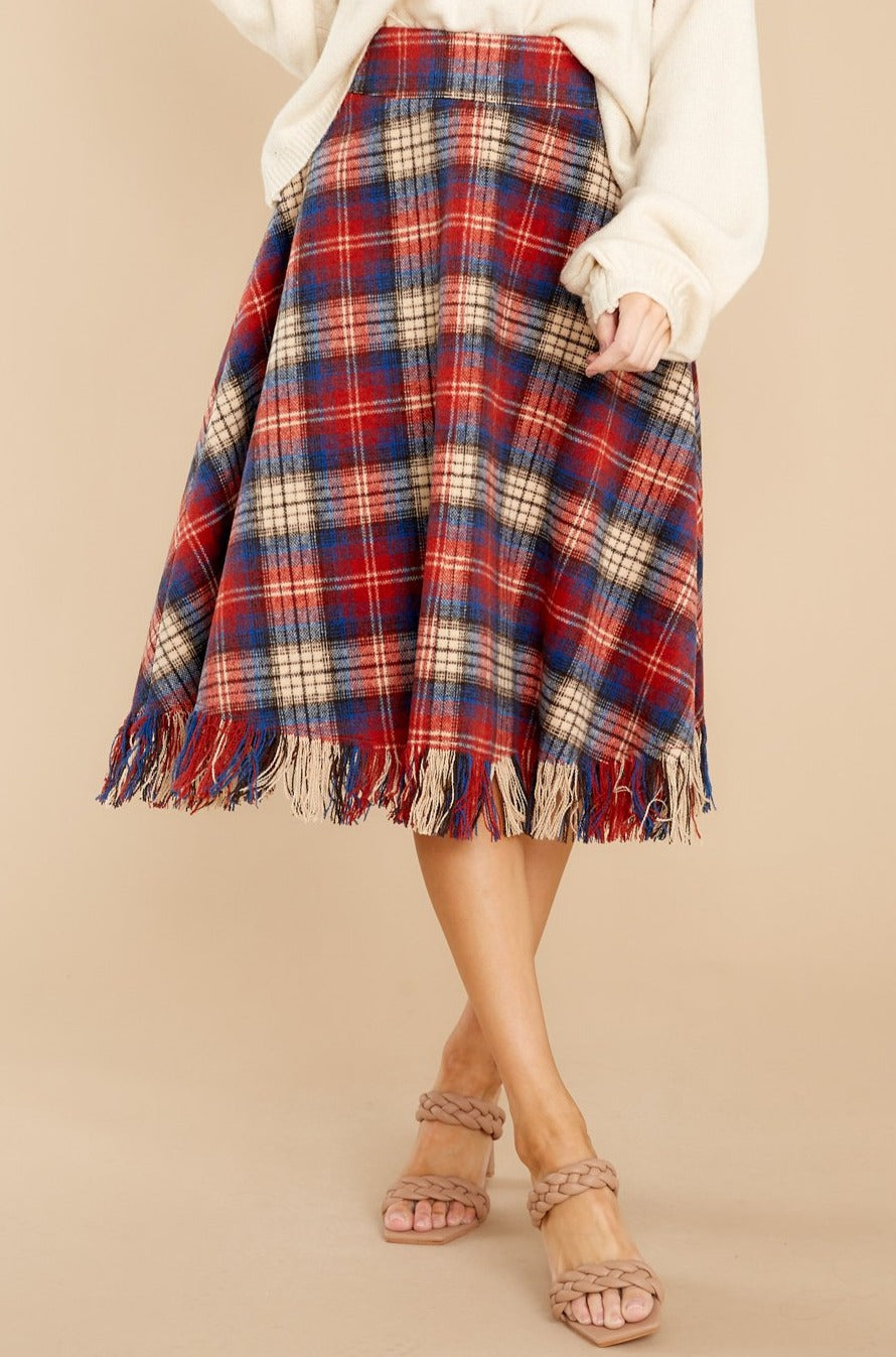 No Drama Here Red Multi Plaid Skirt