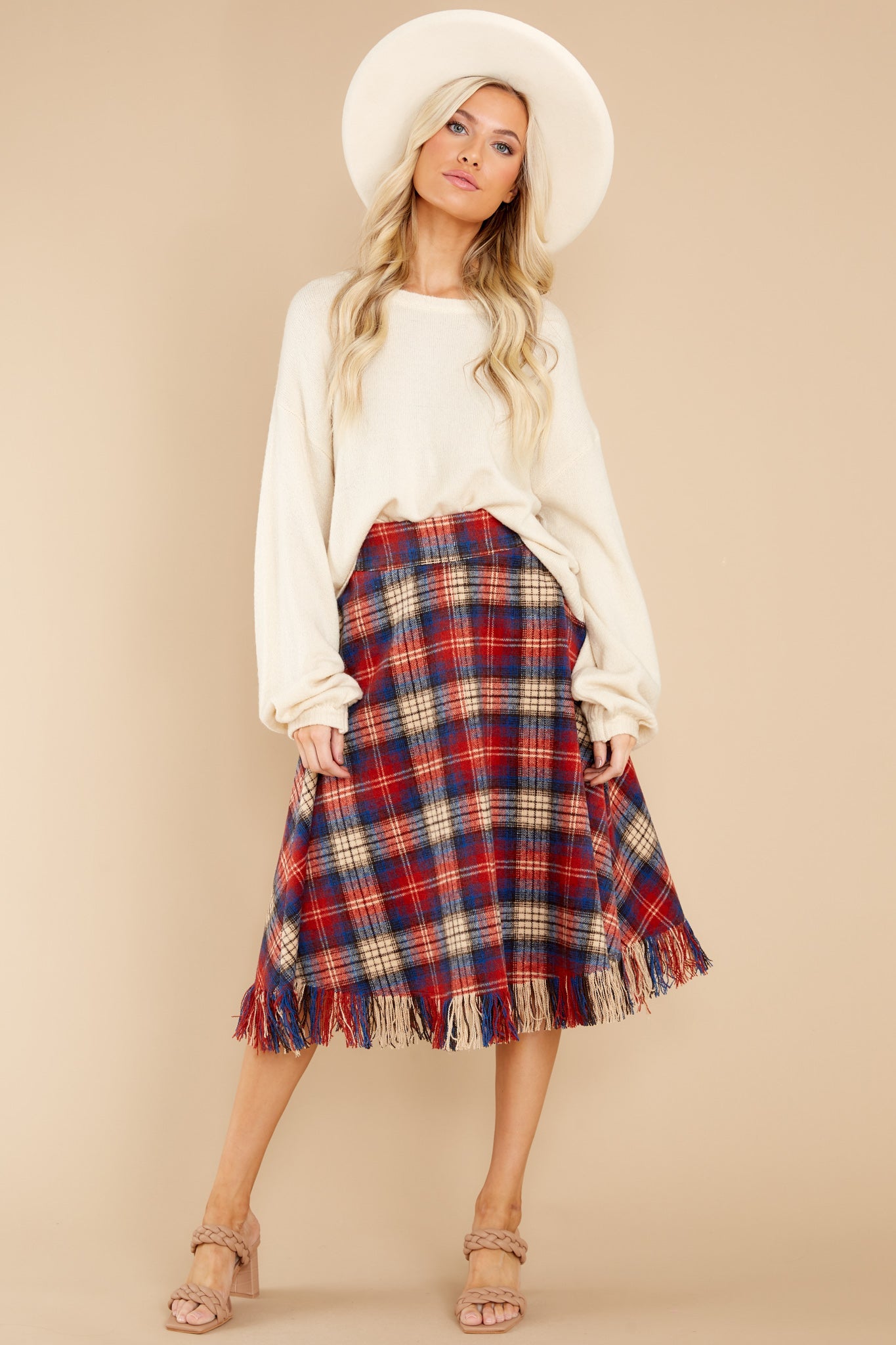 No Drama Here Red Multi Plaid Skirt
