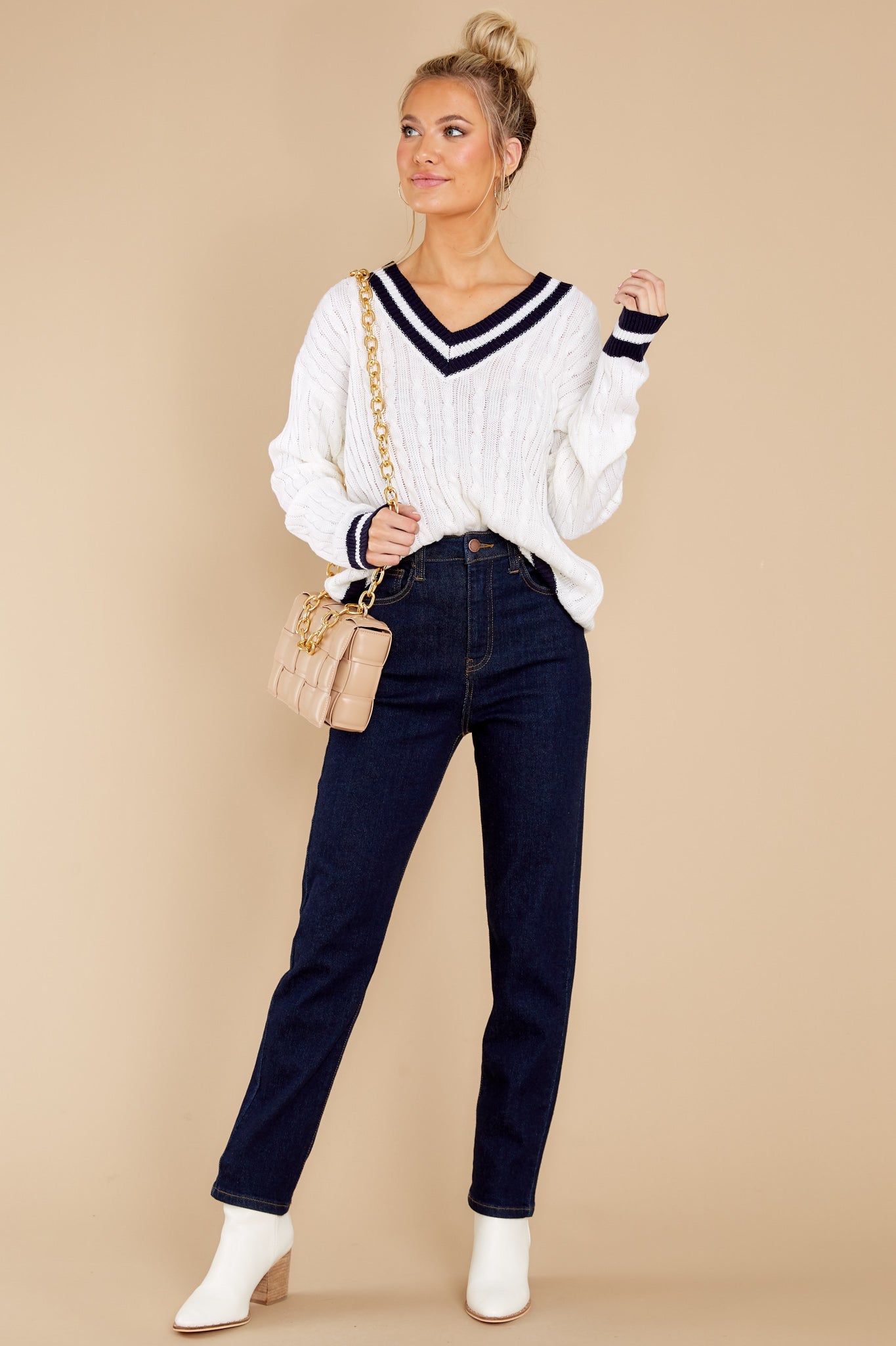 Simply Obsessed White And Navy Sweater