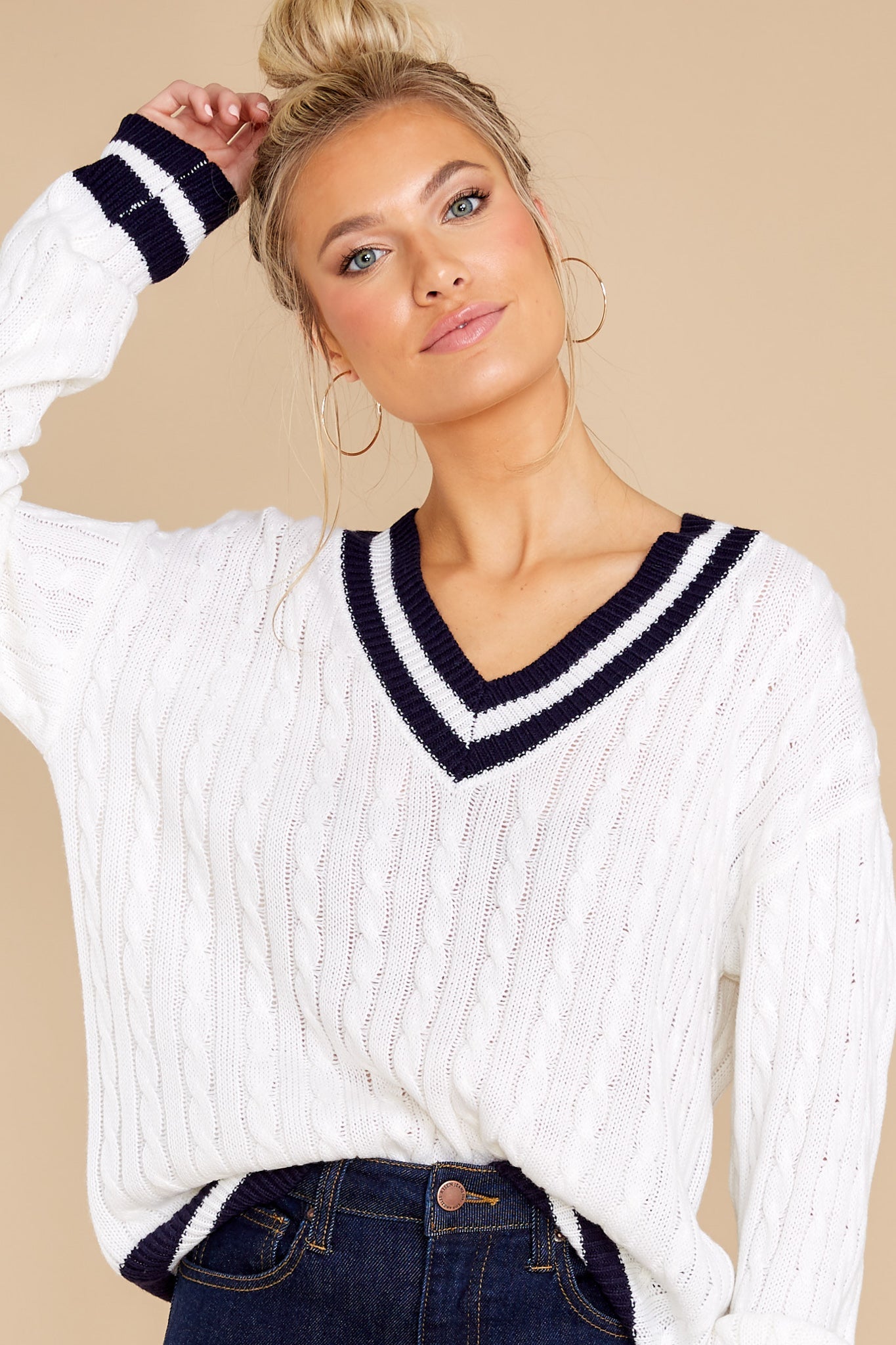 Simply Obsessed White And Navy Sweater