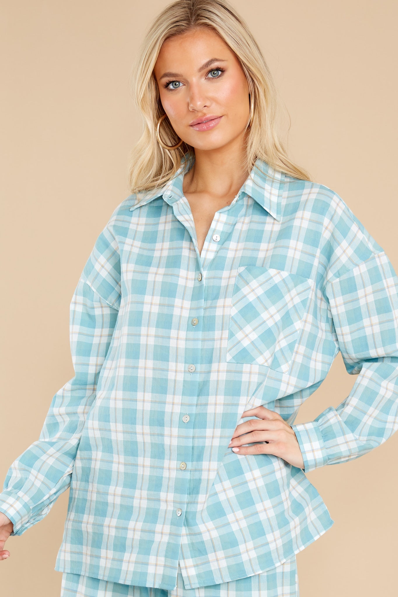 Beauty In Comfort Teal Plaid Cotton Pajama Top