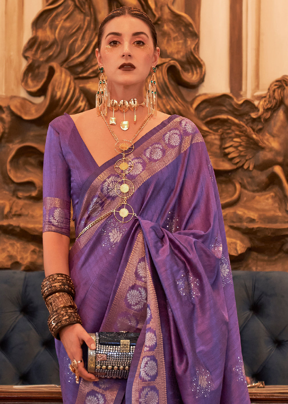 Indigo Purple Woven Tussar Silk Saree with Sequins Work