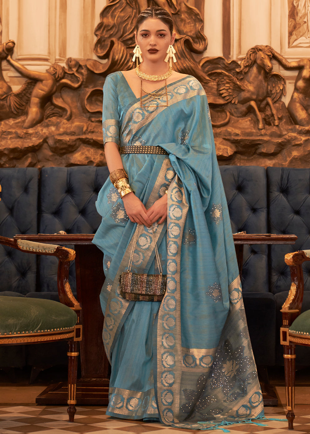 Light Pacific Blue Woven Tussar Silk Saree with Sequins Work