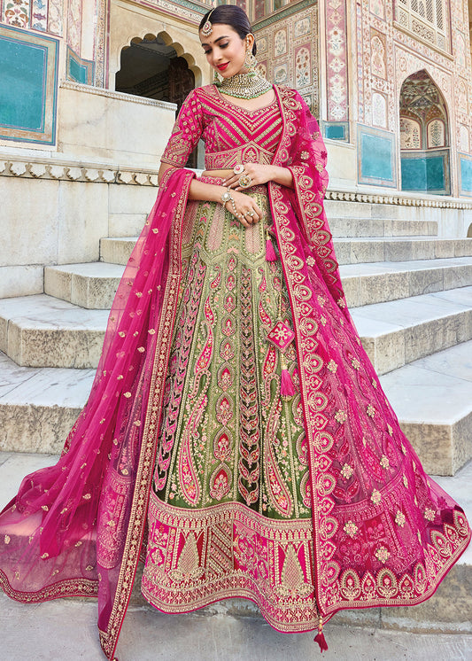 Green & Pink Velvet Lehenga Choli with Heavy Embroidery Work