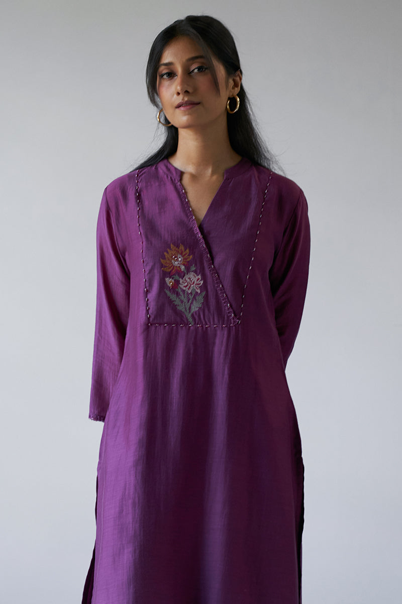 Wine Bemberg Silk Embroidered Kurta With Cotton Bottom