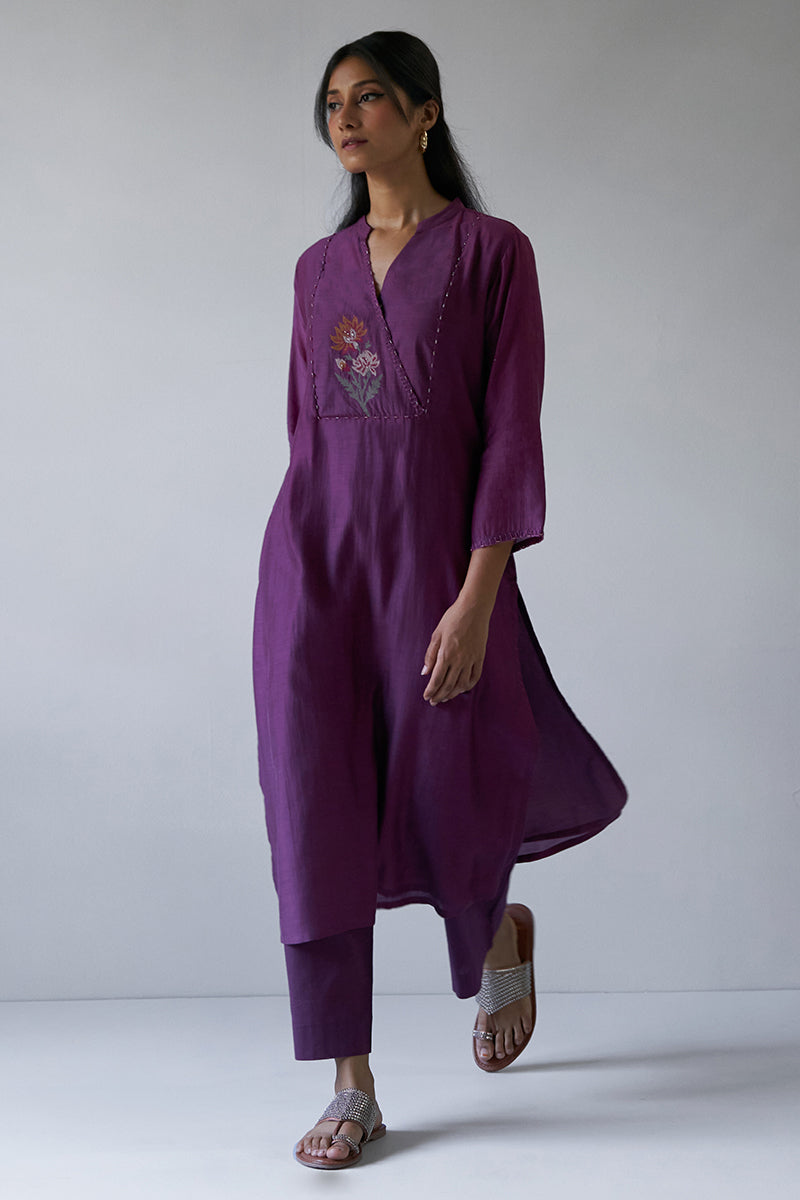 Wine Bemberg Silk Embroidered Kurta With Cotton Bottom