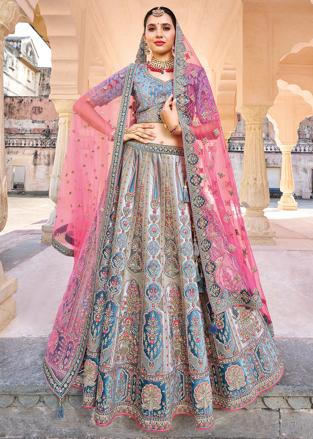 Blue & Grey Velvet Lehenga Choli with Heavy Embroidery Work