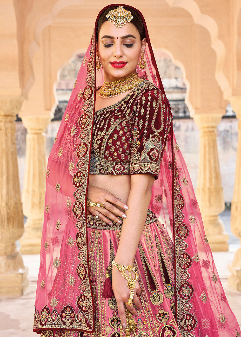 Pink & Red Velvet Lehenga Choli with Heavy Embroidery Work