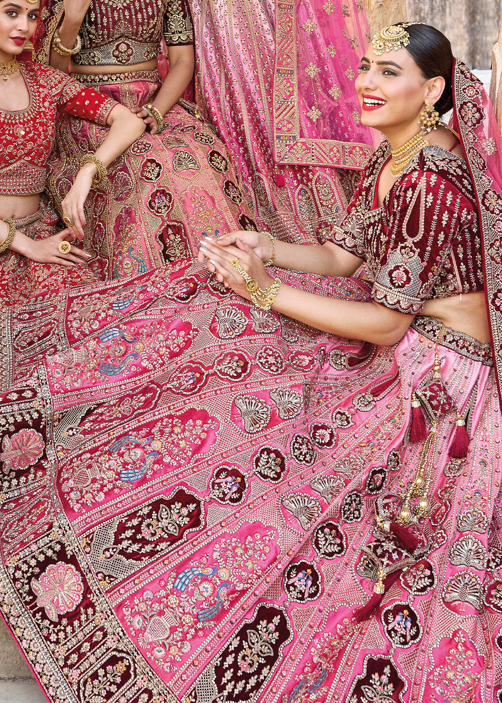 Pink & Red Velvet Lehenga Choli with Heavy Embroidery Work