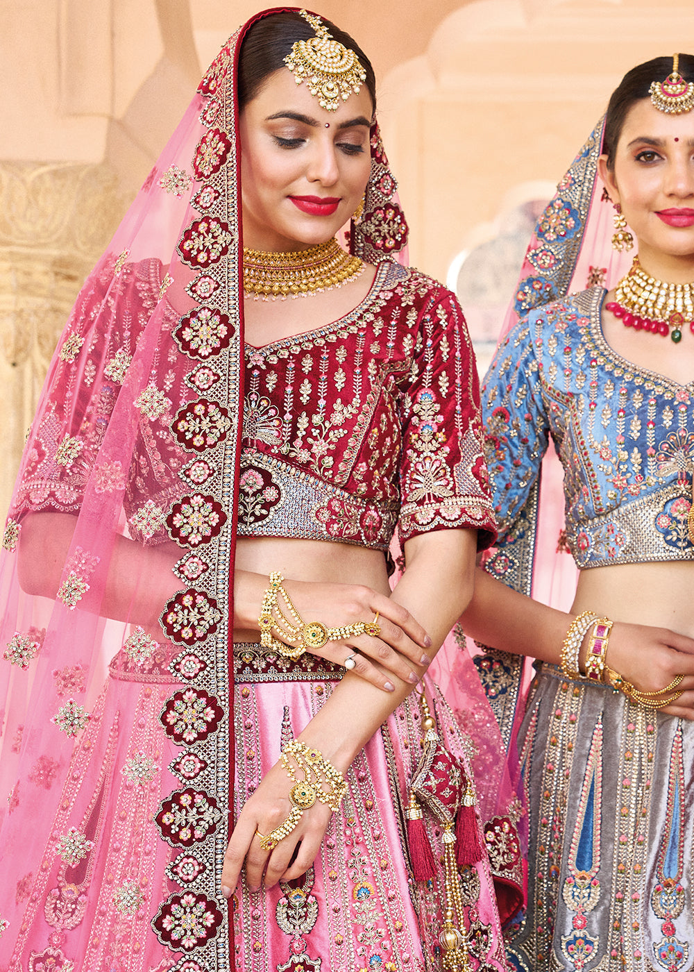 Pink & Red Velvet Lehenga Choli with Heavy Embroidery Work