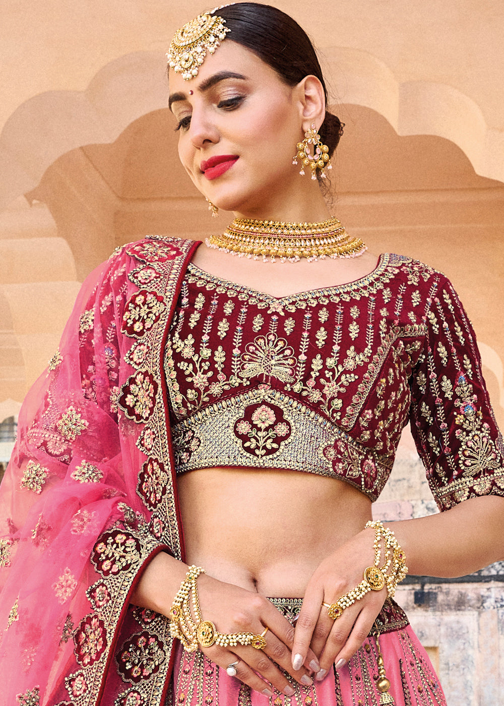 Pink & Red Velvet Lehenga Choli with Heavy Embroidery Work