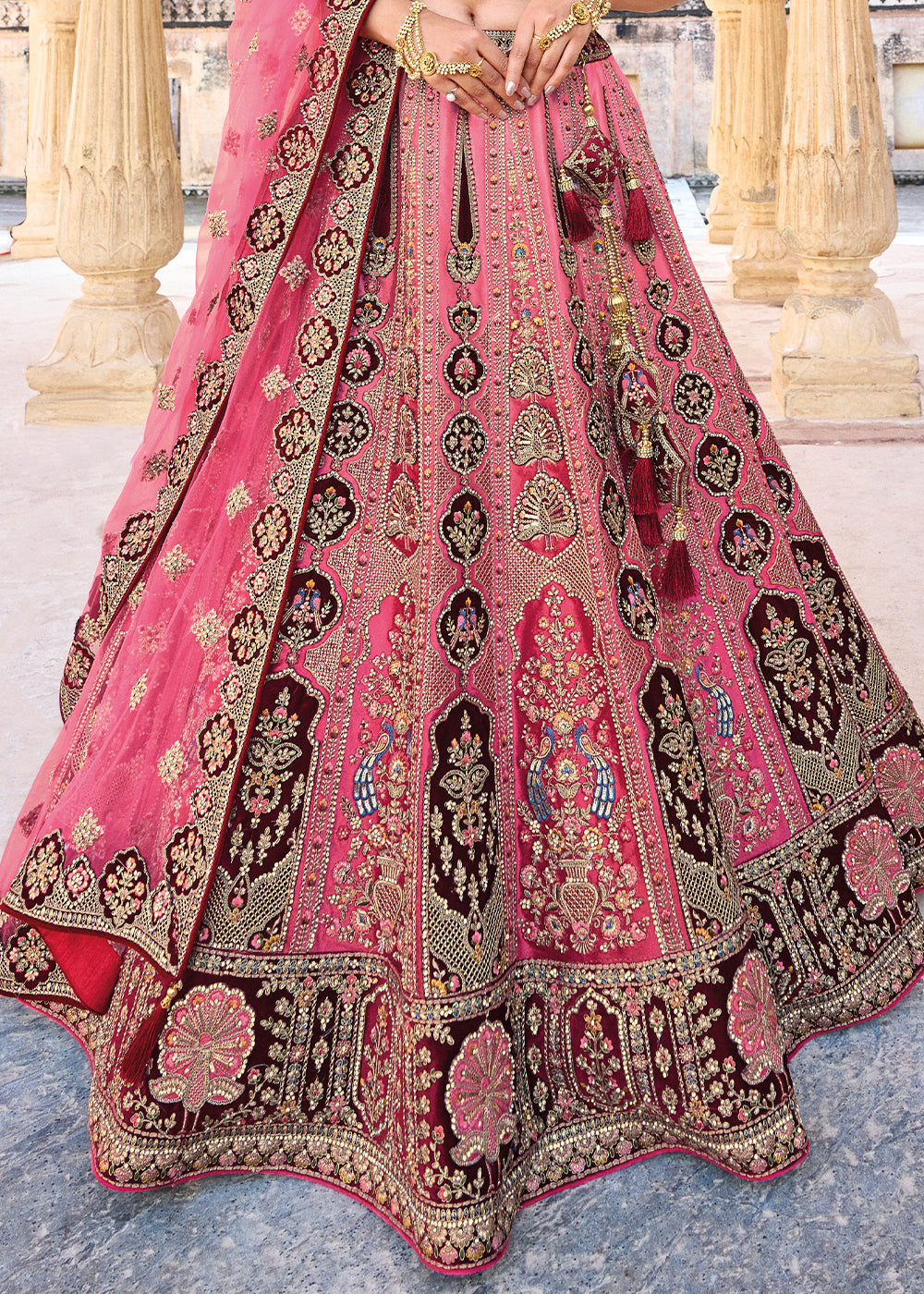 Pink & Red Velvet Lehenga Choli with Heavy Embroidery Work