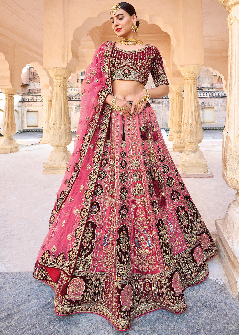 Pink & Red Velvet Lehenga Choli with Heavy Embroidery Work