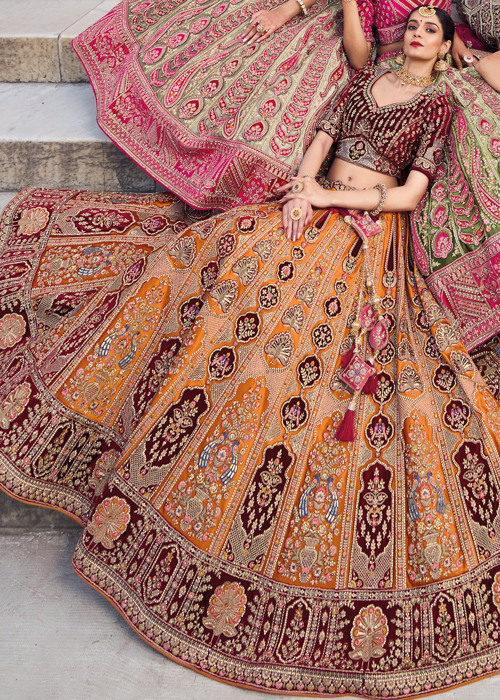 Orange & Red Velvet Lehenga Choli with Heavy Embroidery Work