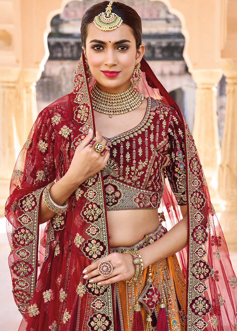 Orange & Red Velvet Lehenga Choli with Heavy Embroidery Work