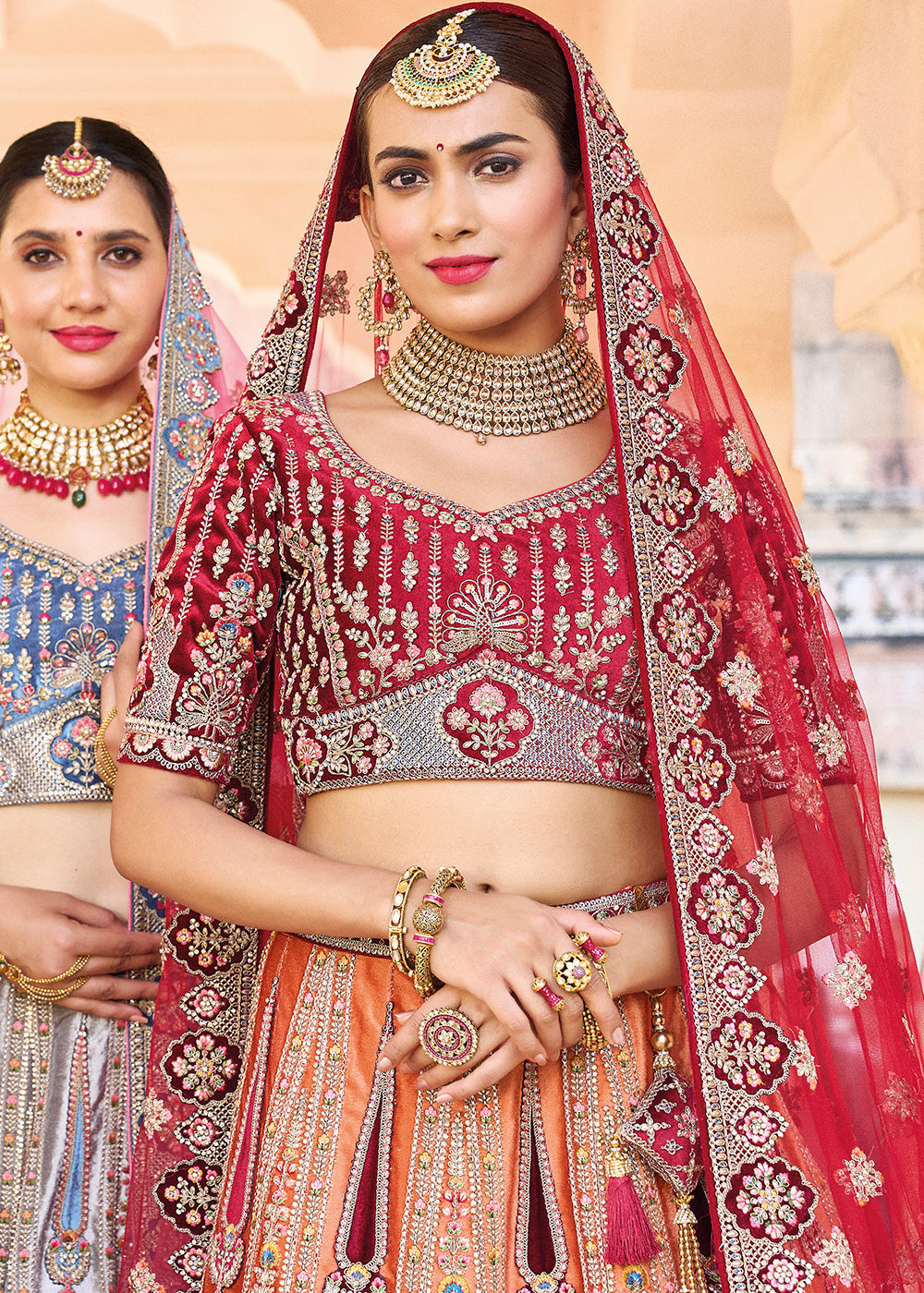 Orange & Red Velvet Lehenga Choli with Heavy Embroidery Work