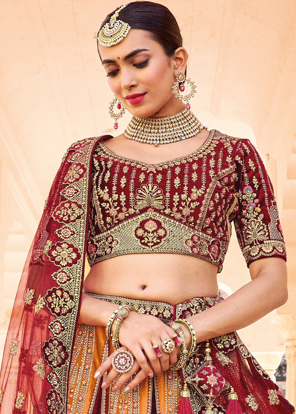 Orange & Red Velvet Lehenga Choli with Heavy Embroidery Work