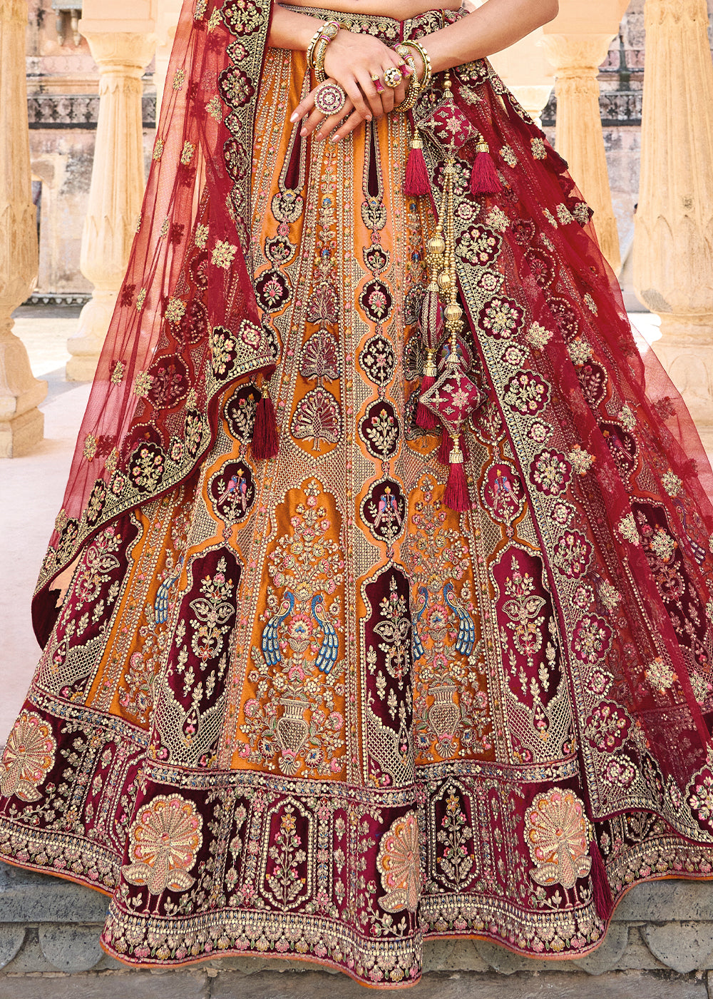 Orange & Red Velvet Lehenga Choli with Heavy Embroidery Work