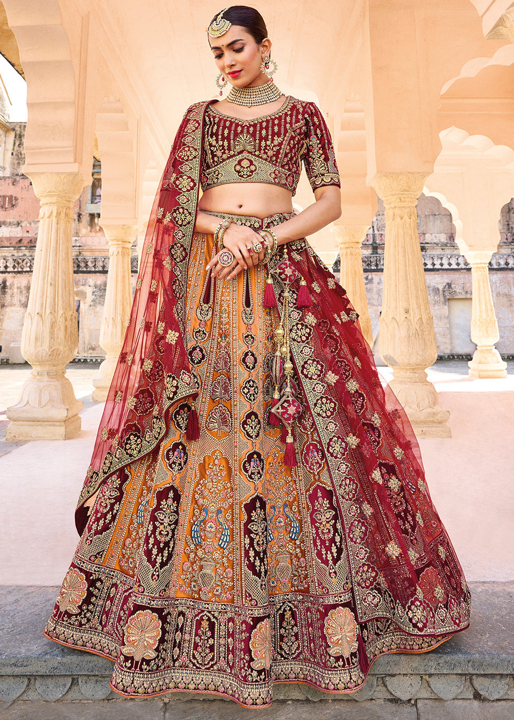 Orange & Red Velvet Lehenga Choli with Heavy Embroidery Work