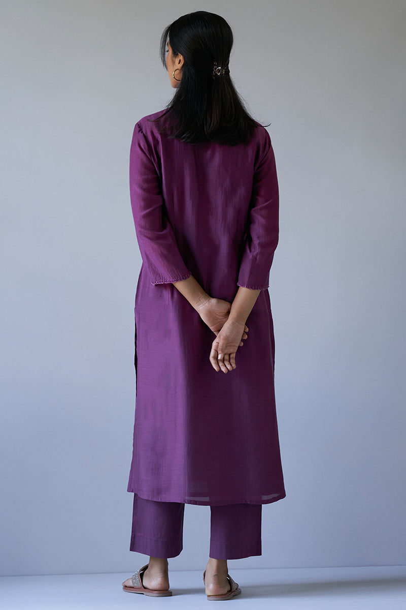 Wine Bemberg Silk Embroidered Kurta With Cotton Bottom