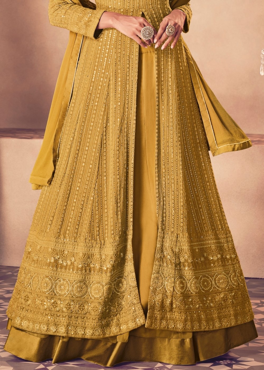 Mustard Yellow Georgette Front Slit Cut lehenga Suit with Embroidery work