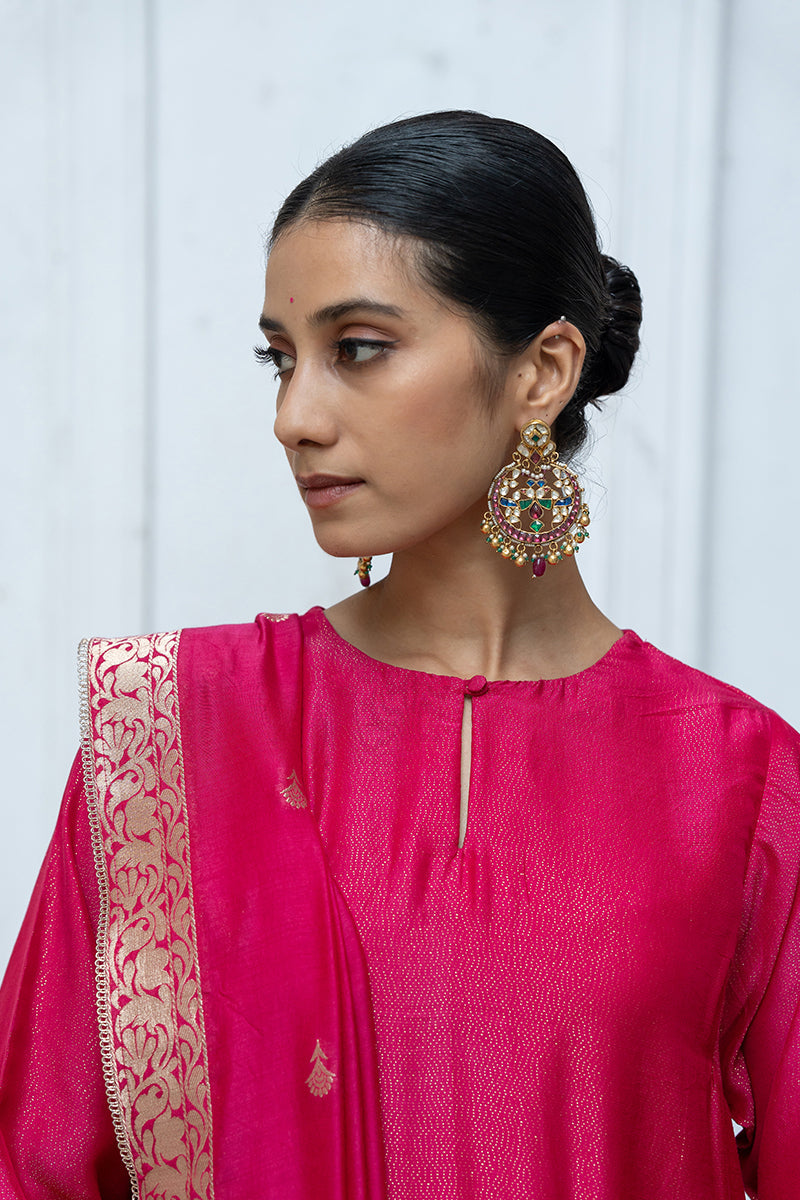 Bright Rose Pink Zari Woven Bemberg Silk Salwar Suit With Zari Woven Monga Silk Jacquard Dupatta