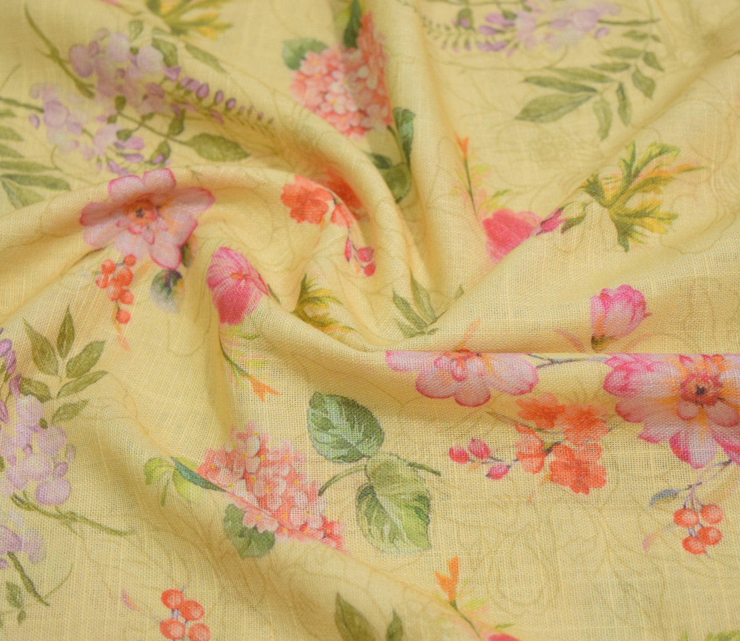 Floral Pattern Digital Printed Cotton Slub Fabric Available in Yellow , Cream , Green and Lilac