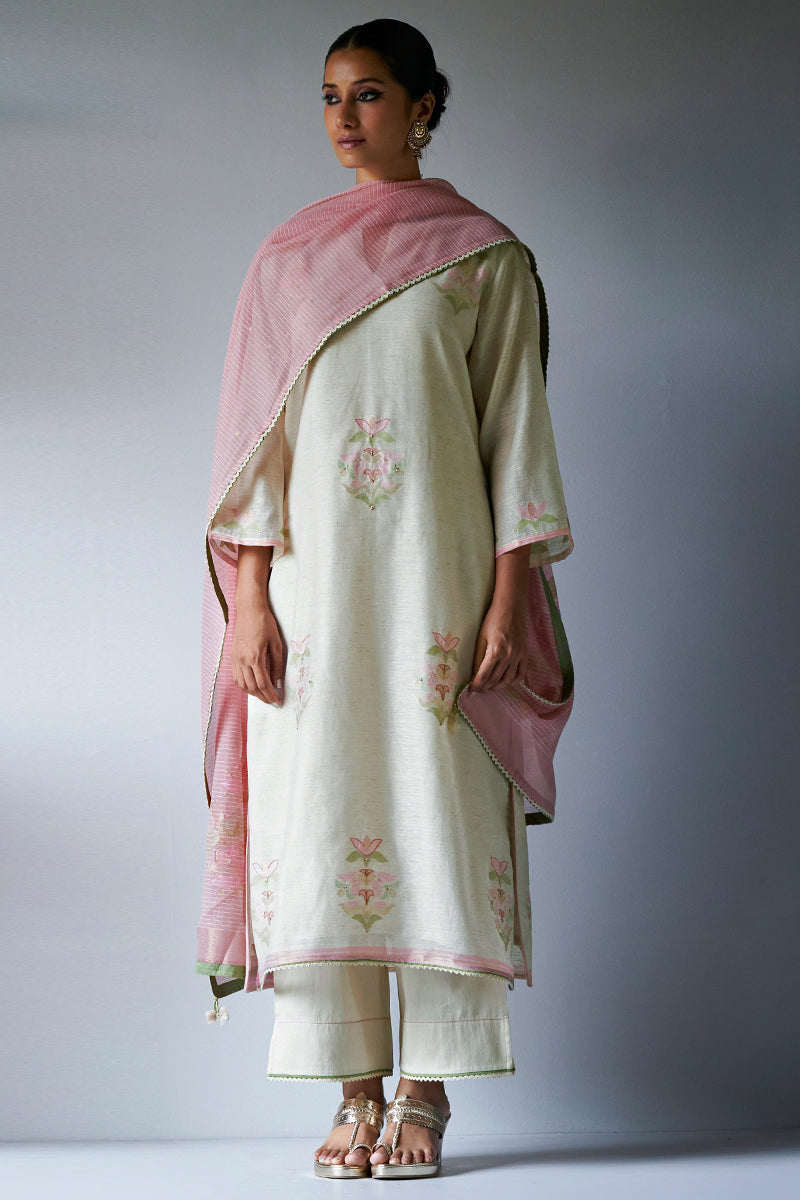 Birch Cream Woven Kurta Suit Set With Hand Work Detailing