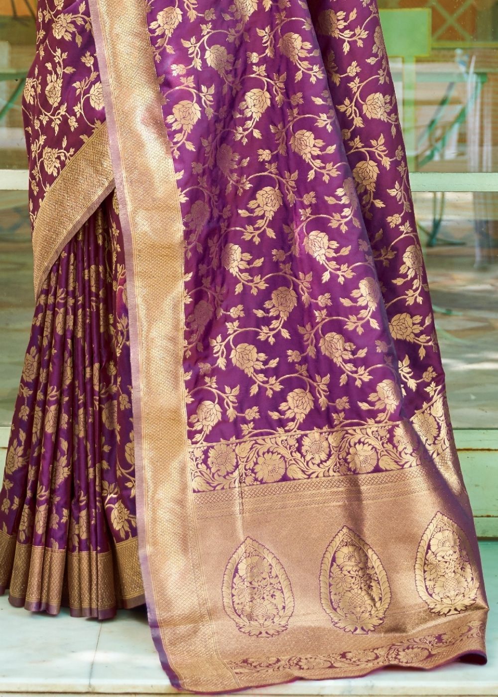 Grape Purple Woven Banarasi Brocade Silk Saree