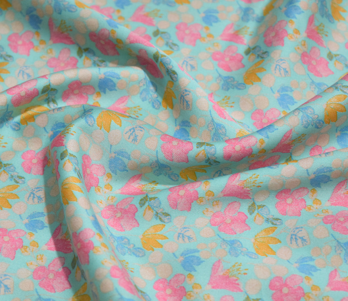 Floral Pattern Screen Printed Cotton Satin Fabric Available in Blue , Yellow, Peach and Grey