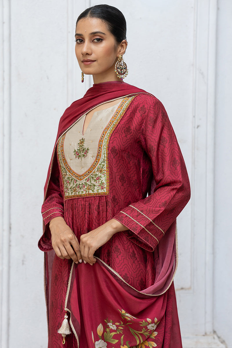 Wine Raw Silk Printed and Hand Detailed Festive Salwar Suit