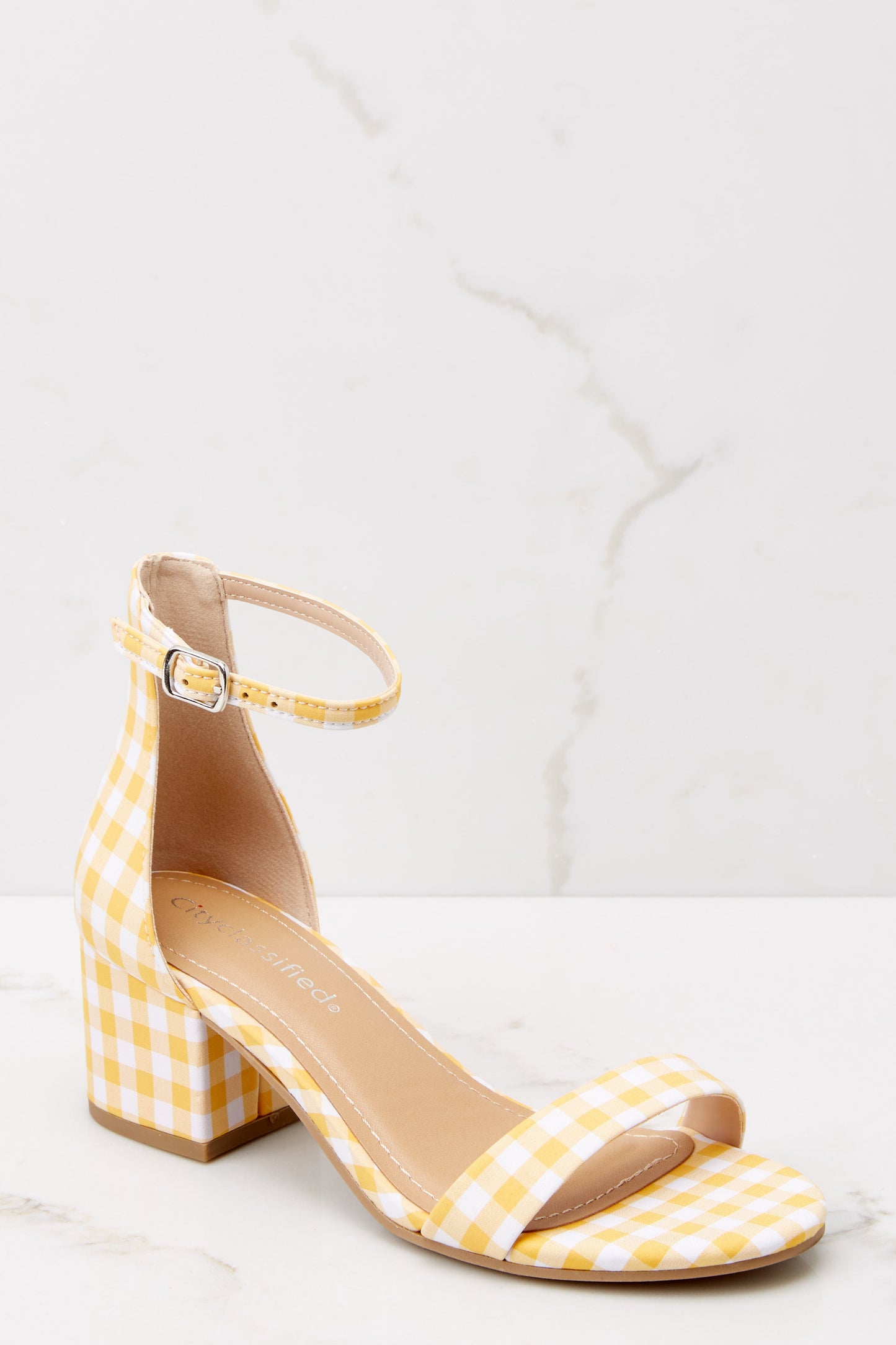 Lighten Up Yellow Gingham Ankle Strap Heels