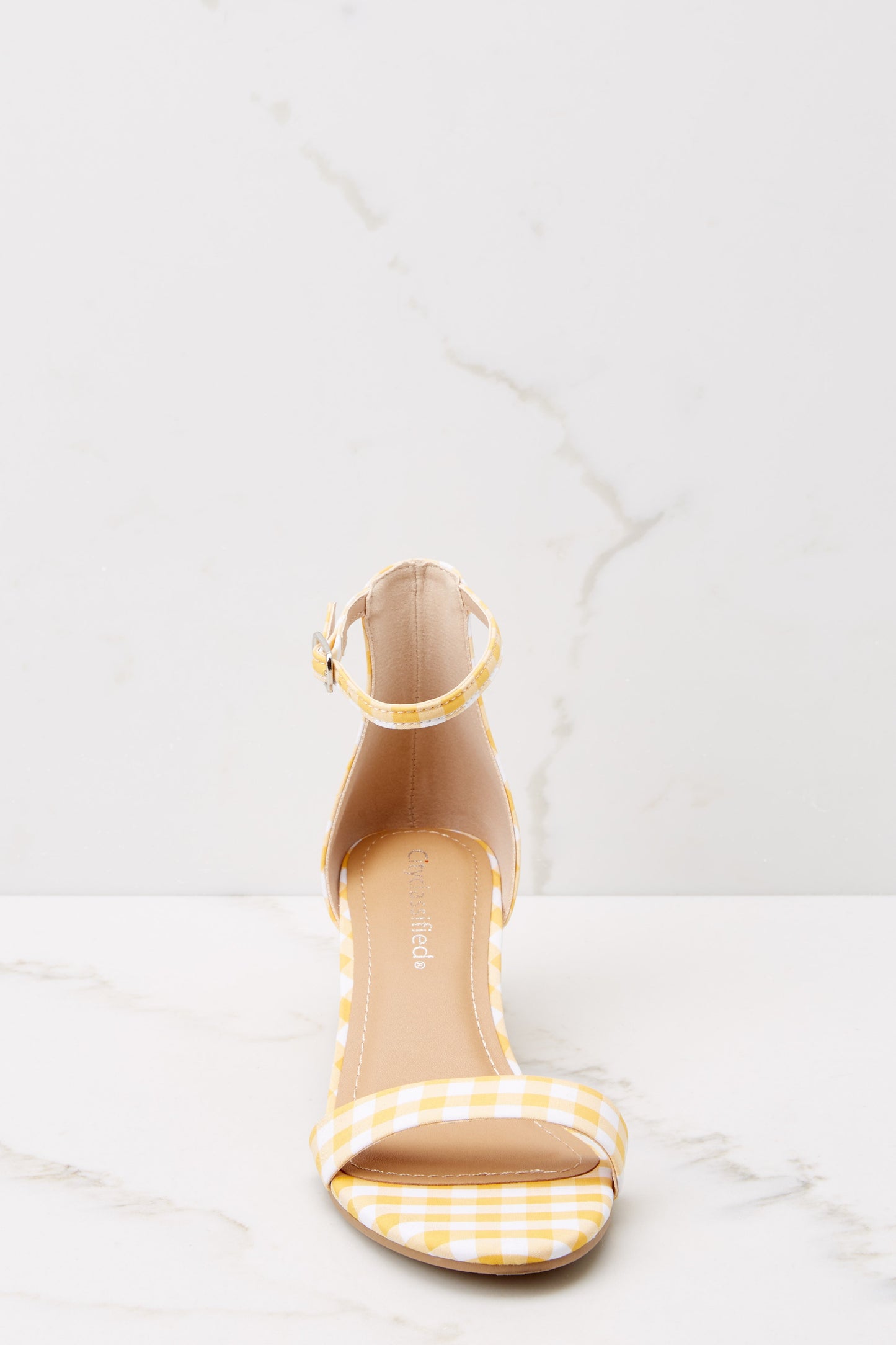 Lighten Up Yellow Gingham Ankle Strap Heels