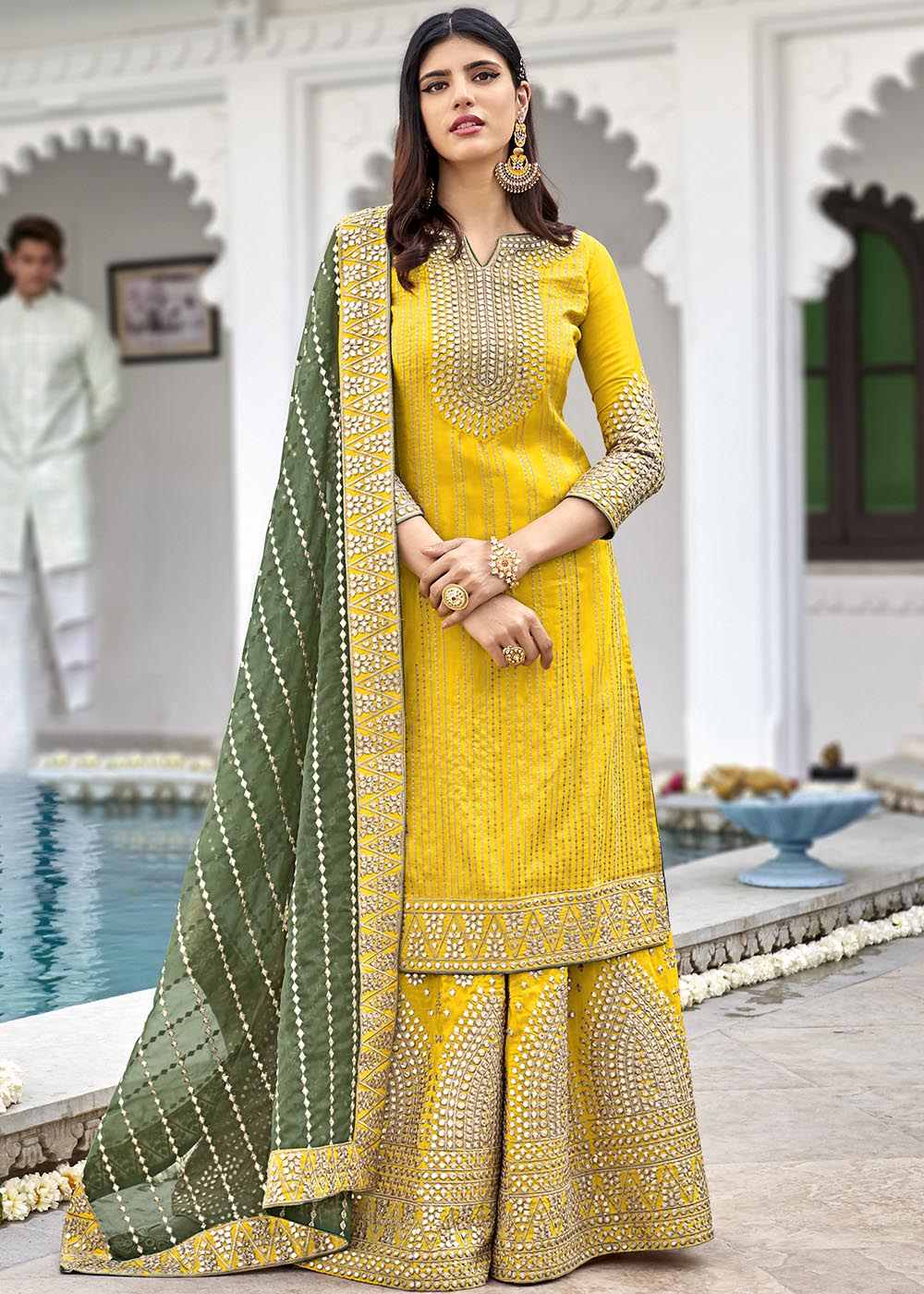 Cadmium Yellow Georgette Embroidered Sharara Suit