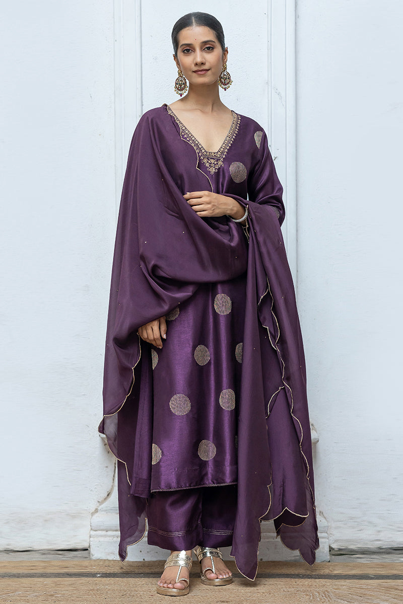 Deep Purple Golden Embroidered Raw Silk Salwar Suit With Silk Organza Dupatta