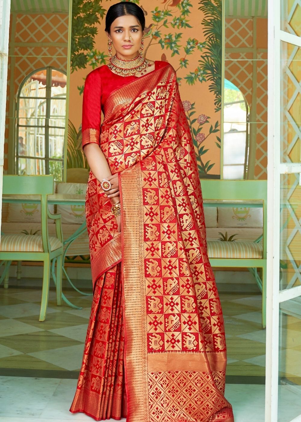 Cherry Red Woven Banarasi Brocade Silk Saree