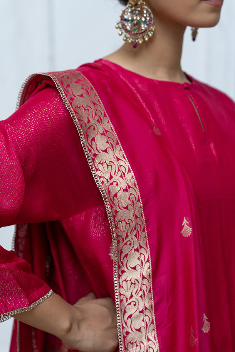 Bright Rose Pink Zari Woven Bemberg Silk Salwar Suit With Zari Woven Monga Silk Jacquard Dupatta